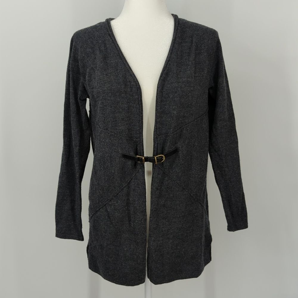 Ellen Tracy Gray 100% Extra Fine Merino Wool Open Front Cardigan Sweater Medium